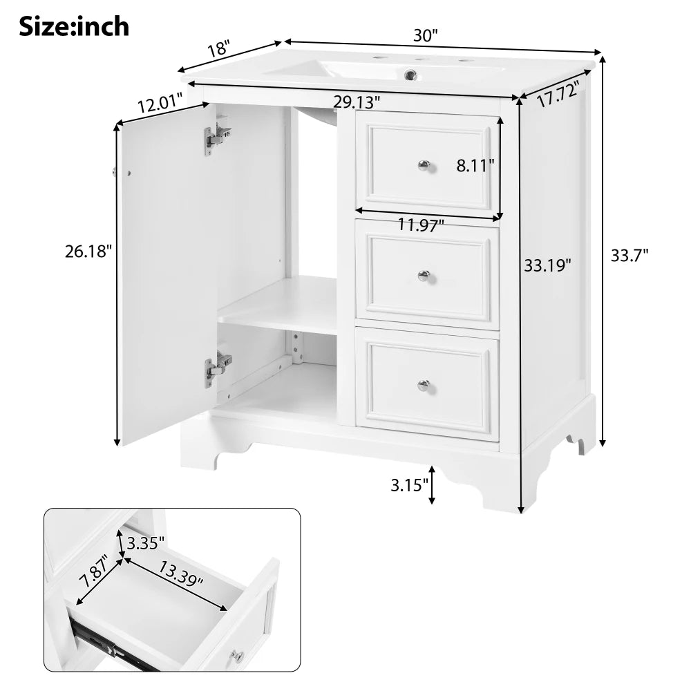 Modern Elegant Bathroom 30 Inch Vanity With Sink, Storage Cabinets, Drawers, and Adjustable Shelves
