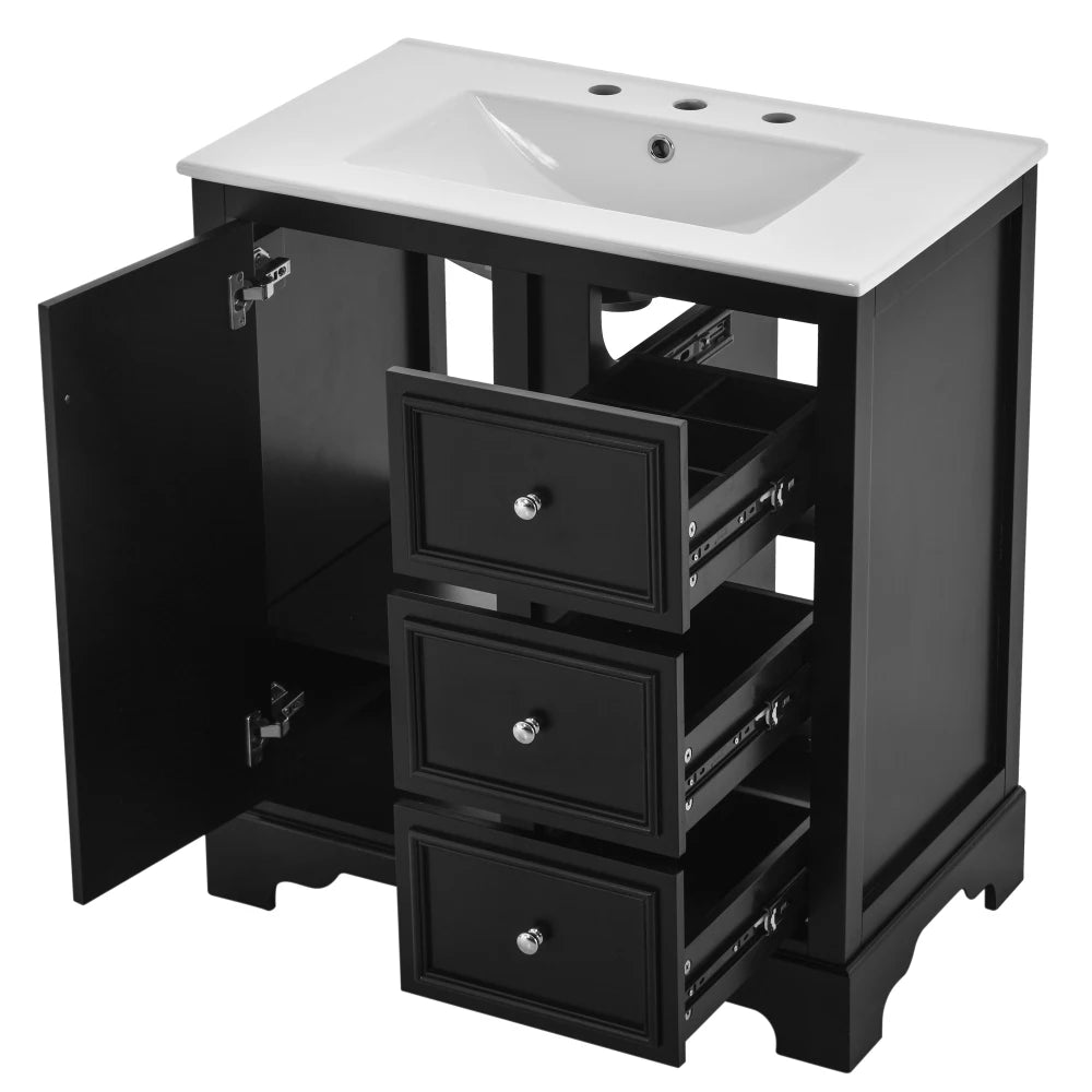 Modern Elegant Bathroom 30 Inch Vanity With Sink, Storage Cabinets, Drawers, and Adjustable Shelves