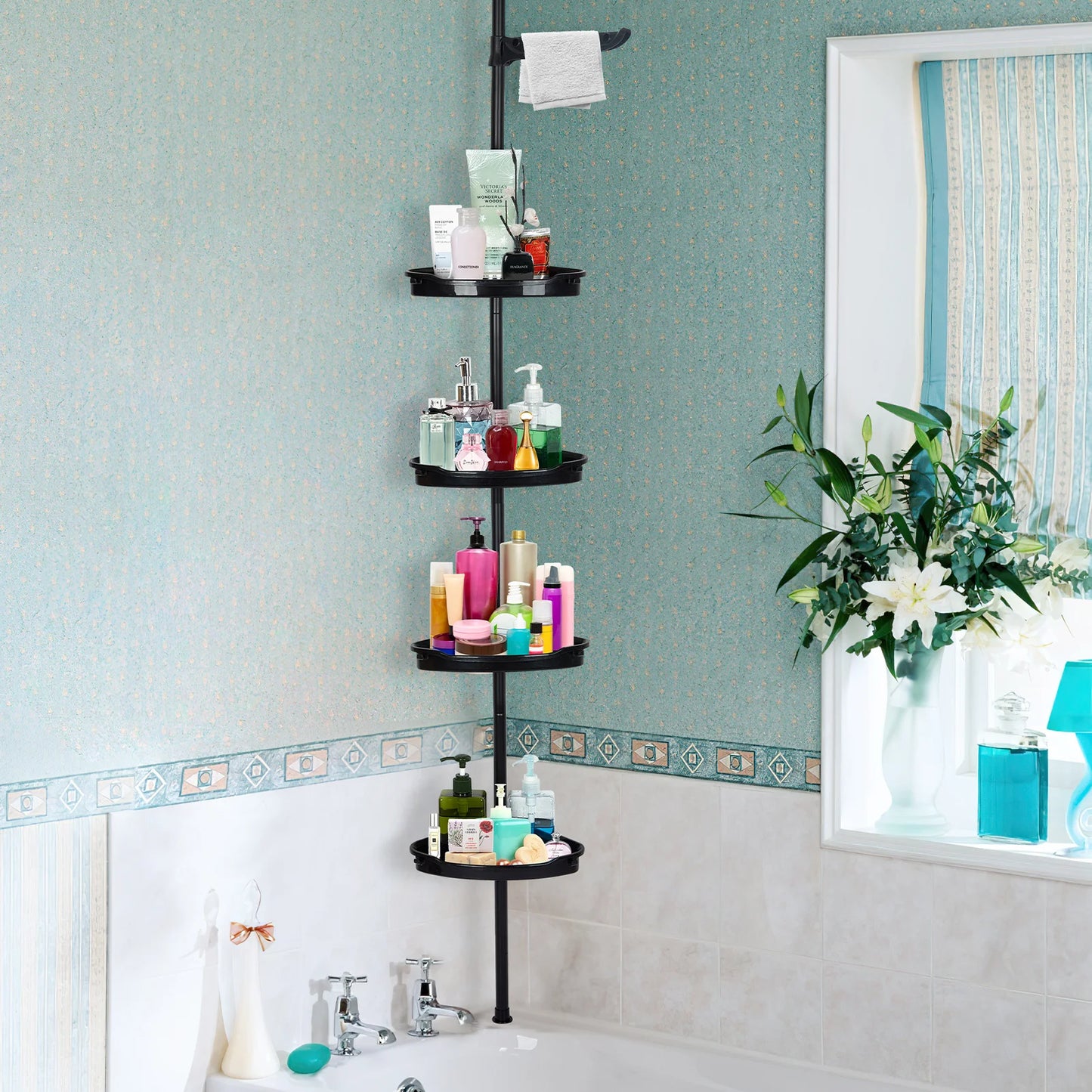 Rustproof Shower Caddy Corner for Bathroom, 4-Tier Adjustable Shelves with Tension Pole, Shower