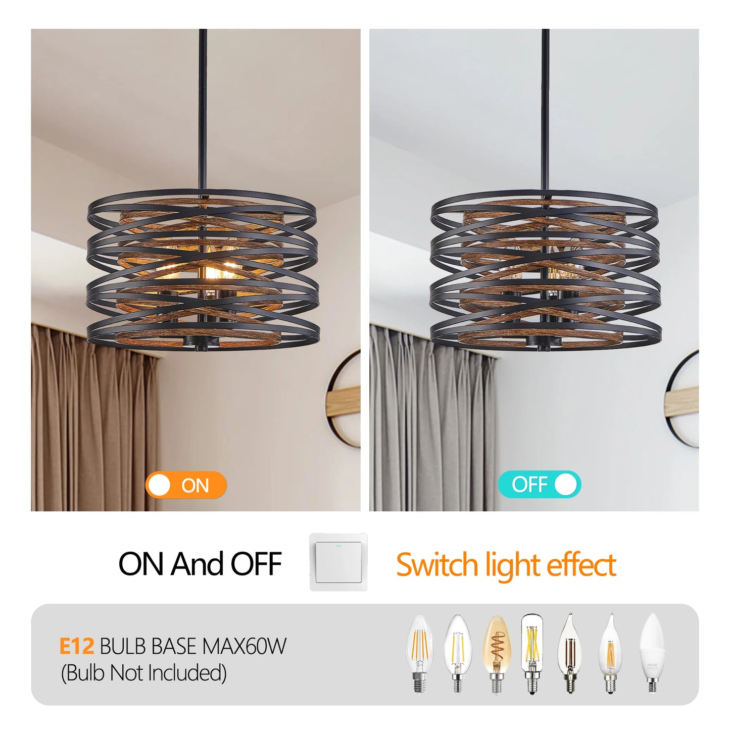 Black and Walnut Metal Cage Chandelier