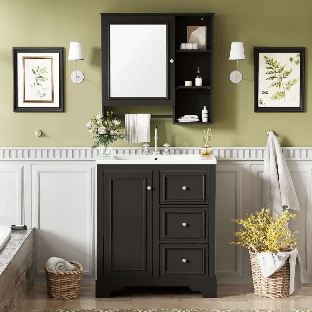 Modern Elegant Bathroom 30 Inch Vanity With Sink, Storage Cabinets, Drawers, and Adjustable Shelves