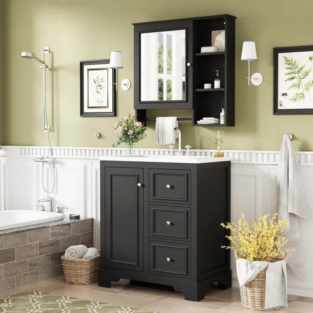 Modern Elegant Bathroom 30 Inch Vanity With Sink, Storage Cabinets, Drawers, and Adjustable Shelves