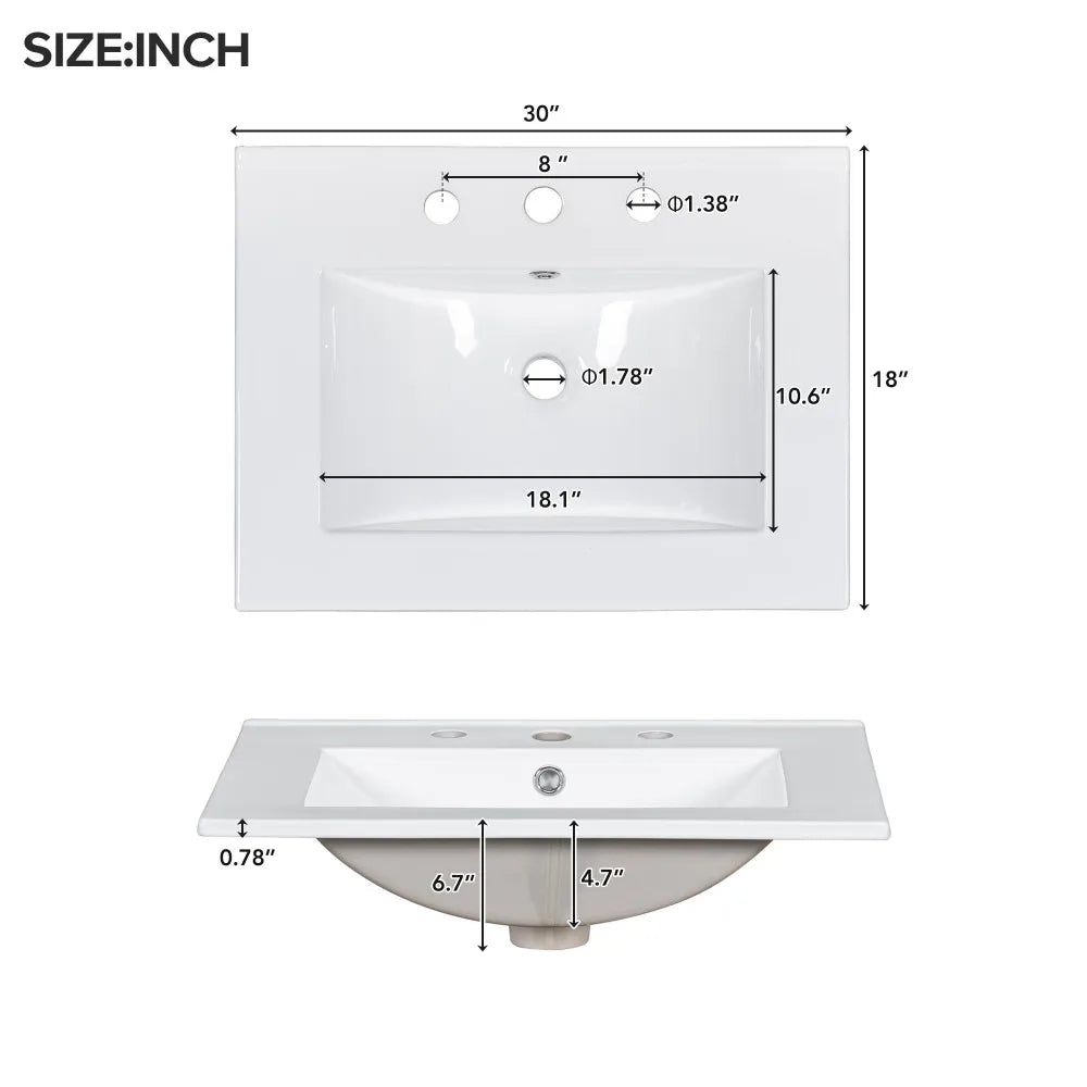 Modern Elegant Bathroom 30 Inch Vanity With Sink, Storage Cabinets, Drawers, and Adjustable Shelves