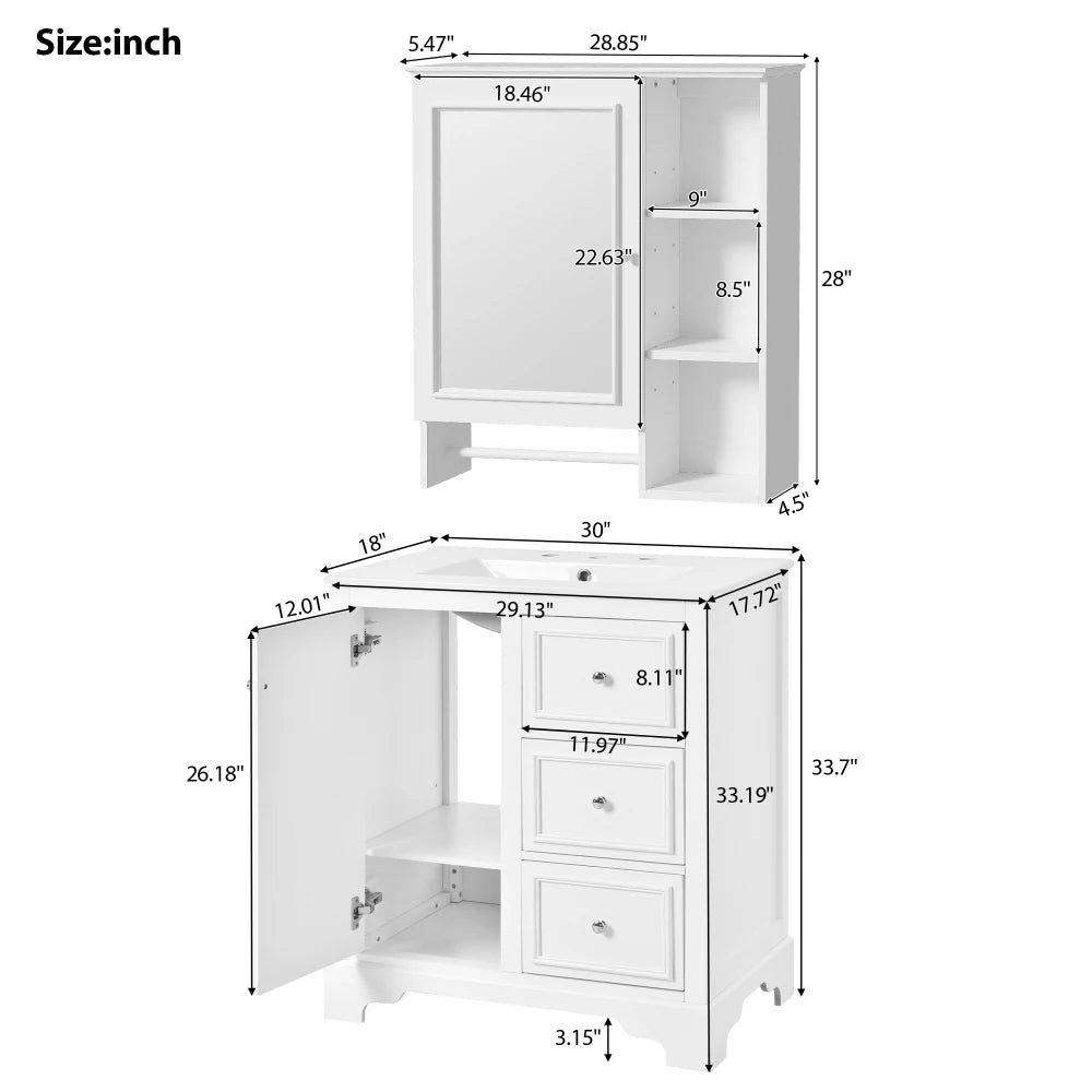 Modern Elegant Bathroom 30 Inch Vanity With Sink, Storage Cabinets, Drawers, and Adjustable Shelves