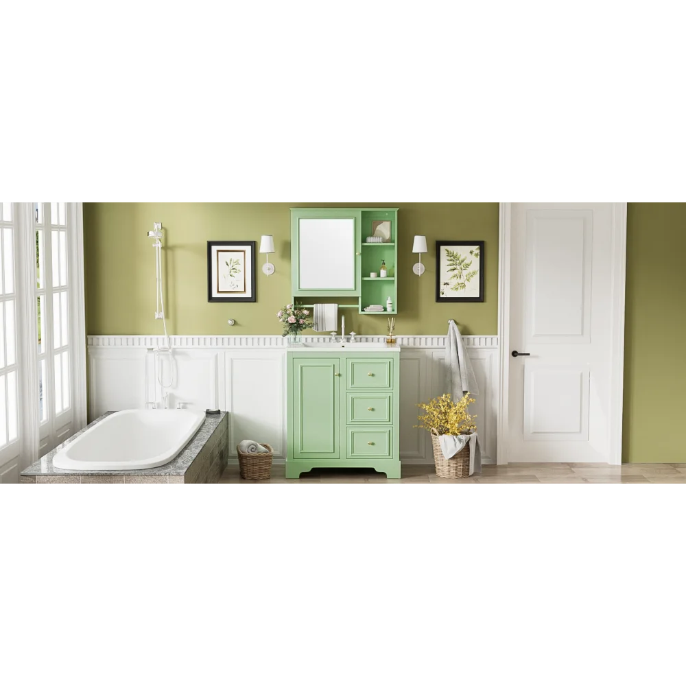 Modern Elegant Bathroom 30 Inch Vanity With Sink, Storage Cabinets, Drawers, and Adjustable Shelves