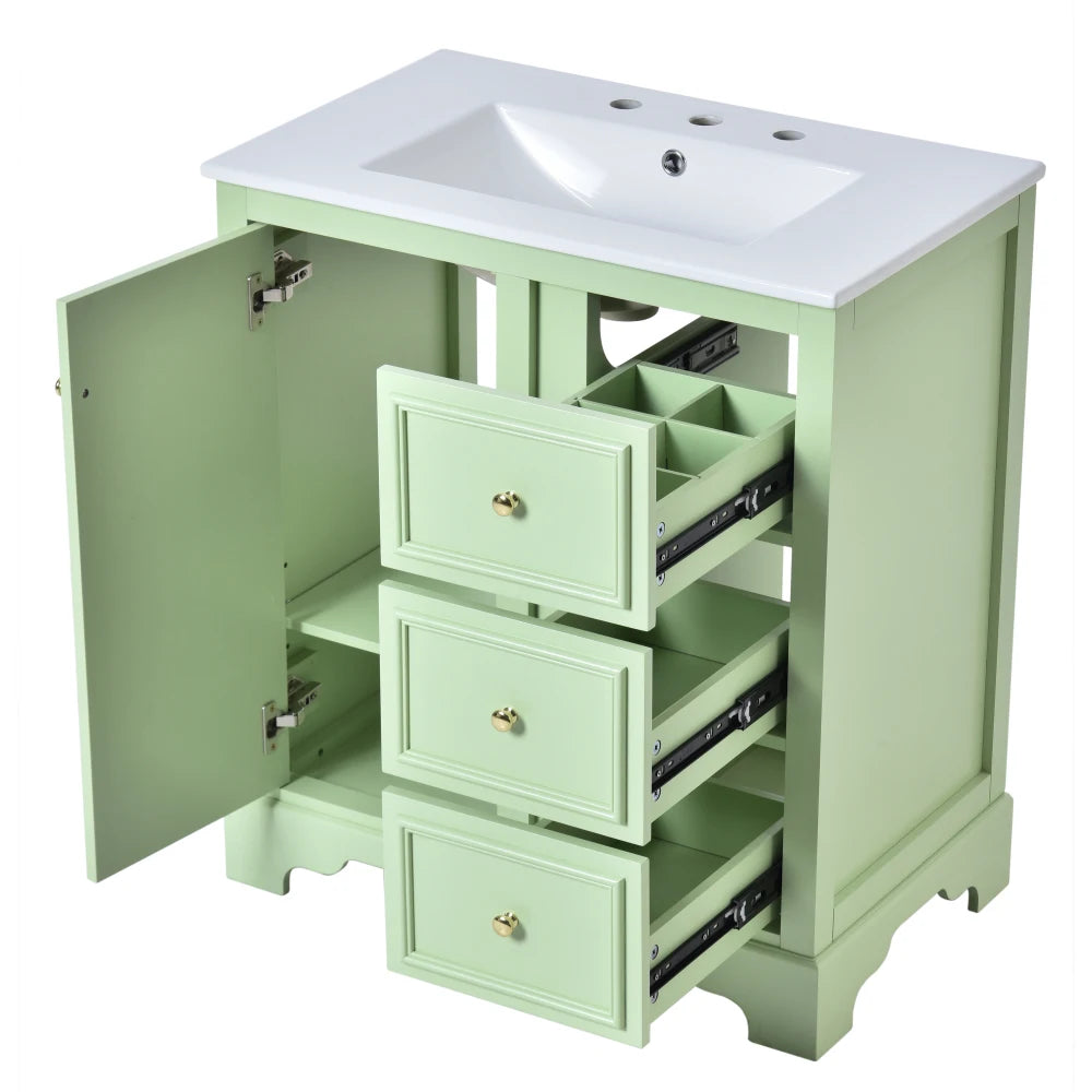 Modern Elegant Bathroom 30 Inch Vanity With Sink, Storage Cabinets, Drawers, and Adjustable Shelves