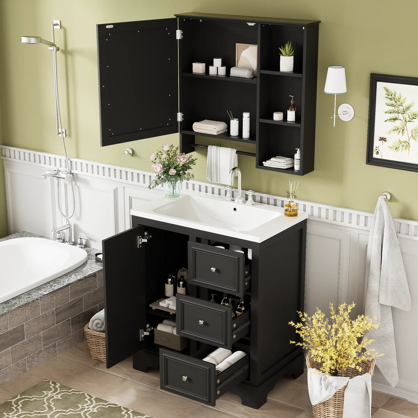 Modern Elegant Bathroom 30 Inch Vanity With Sink, Storage Cabinets, Drawers, and Adjustable Shelves