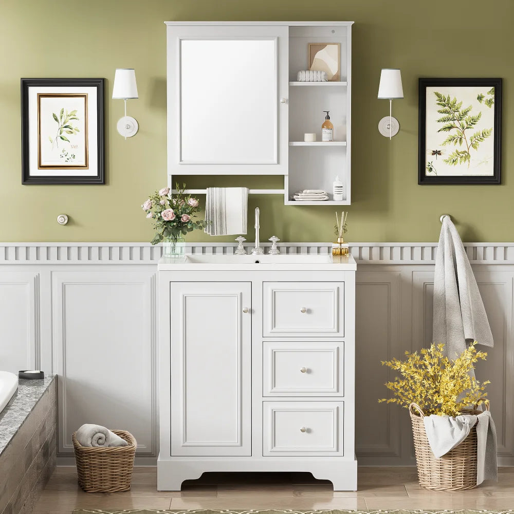 Modern Elegant Bathroom 30 Inch Vanity With Sink, Storage Cabinets, Drawers, and Adjustable Shelves