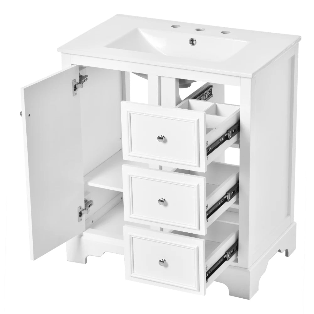 Modern Elegant Bathroom 30 Inch Vanity With Sink, Storage Cabinets, Drawers, and Adjustable Shelves