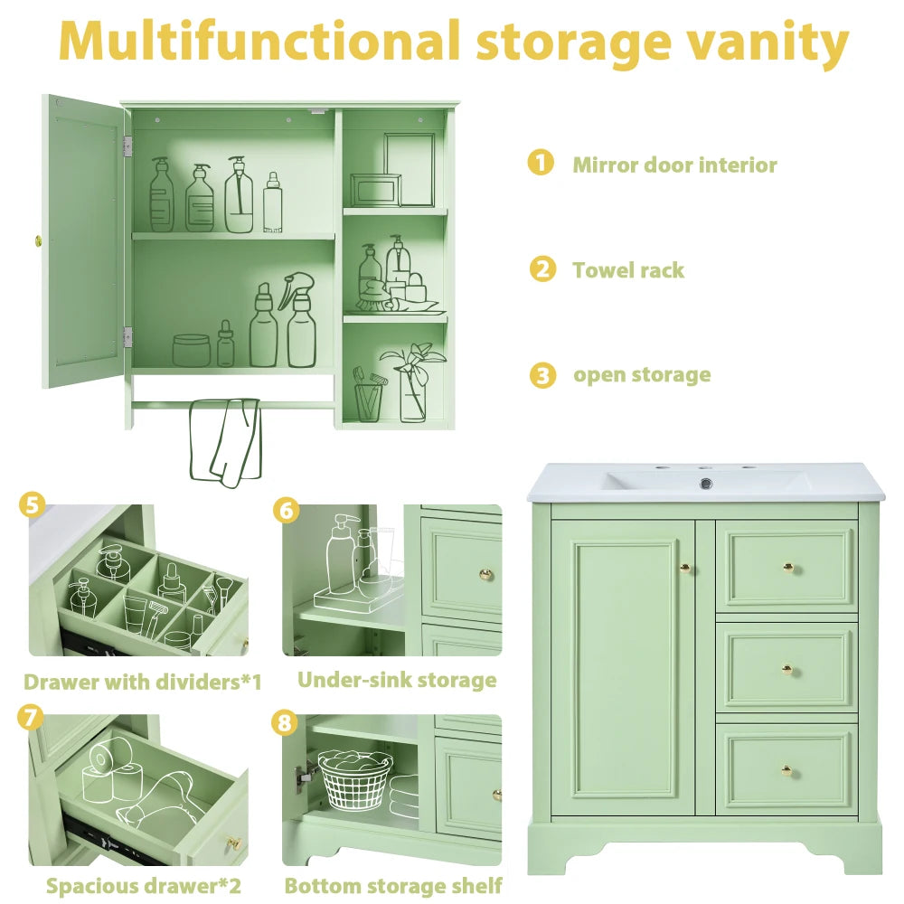 Modern Elegant Bathroom 30 Inch Vanity With Sink, Storage Cabinets, Drawers, and Adjustable Shelves
