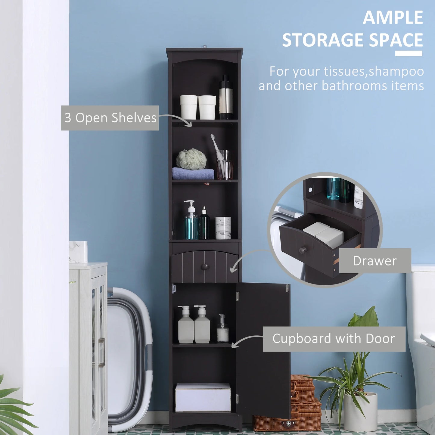 Tall Free Standing Bathroom Linen Tower W/ Shelf