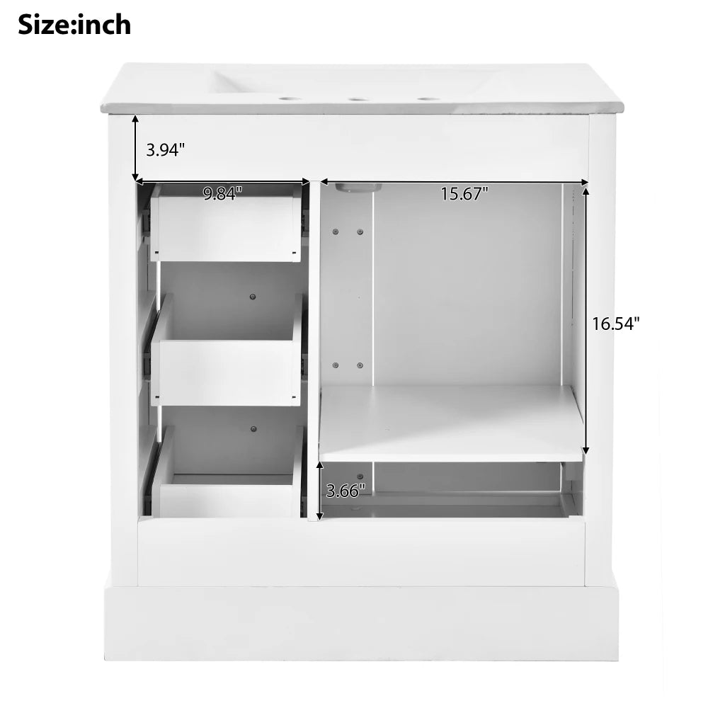 Modern Elegant Bathroom 30 Inch Vanity With Sink, Storage Cabinets, Drawers, and Adjustable Shelves