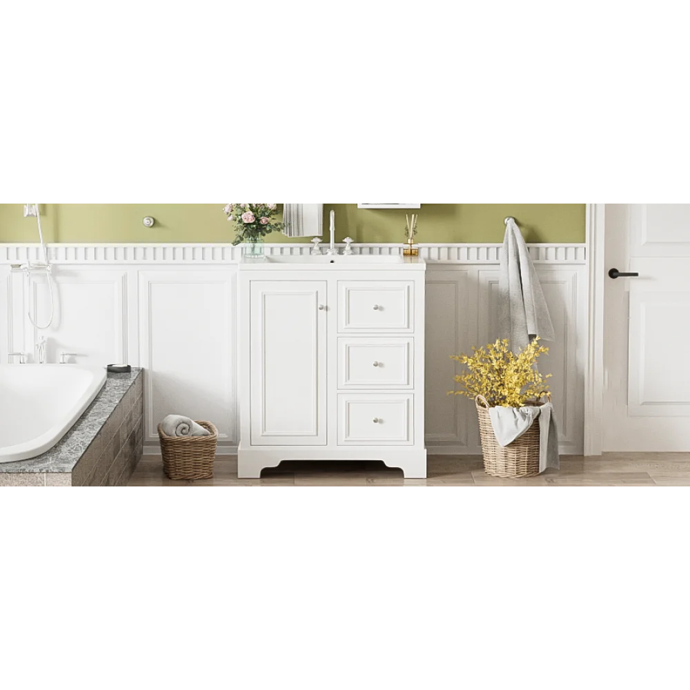 Modern Elegant Bathroom 30 Inch Vanity With Sink, Storage Cabinets, Drawers, and Adjustable Shelves
