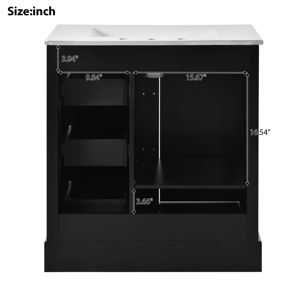 Modern Elegant Bathroom 30 Inch Vanity With Sink, Storage Cabinets, Drawers, and Adjustable Shelves