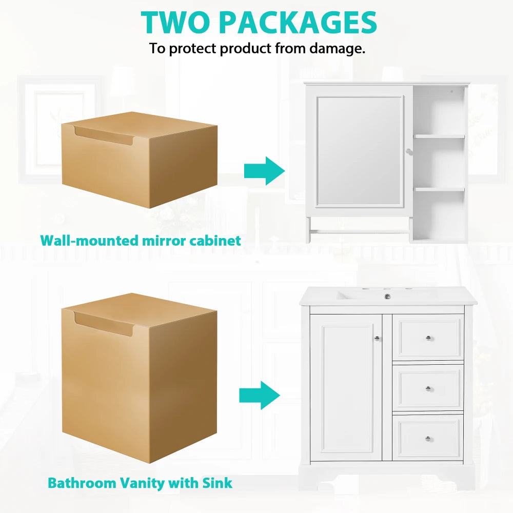 Modern Elegant Bathroom 30 Inch Vanity With Sink, Storage Cabinets, Drawers, and Adjustable Shelves