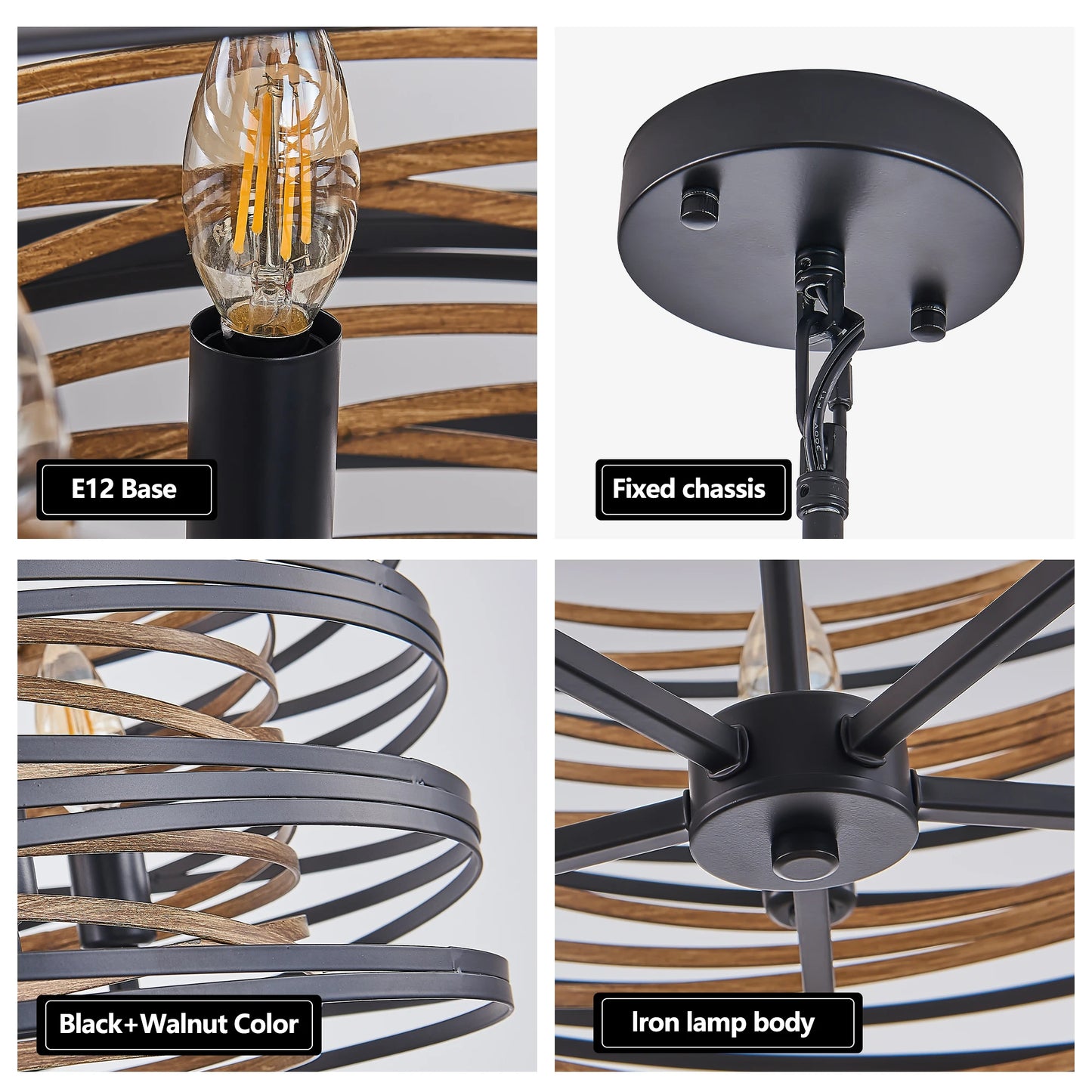Black and Walnut Metal Cage Chandelier