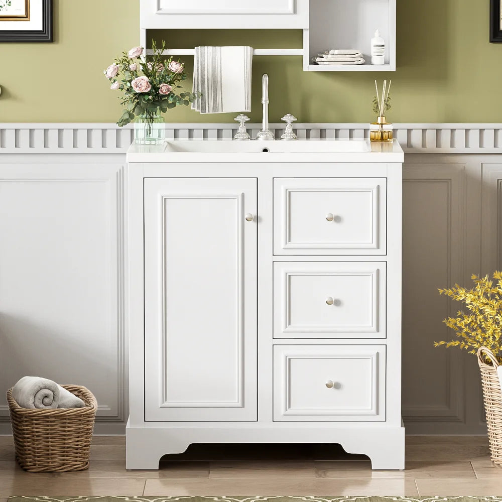 Modern Elegant Bathroom 30 Inch Vanity With Sink, Storage Cabinets, Drawers, and Adjustable Shelves