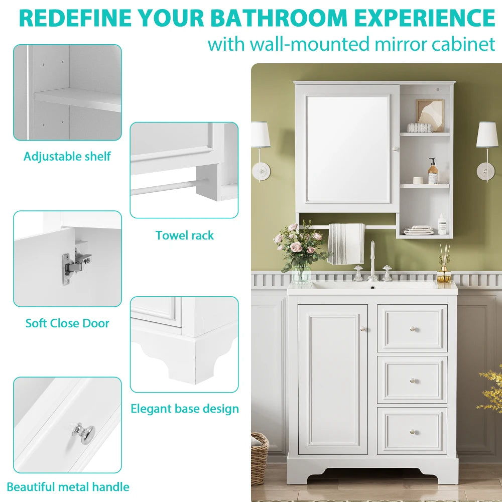 Modern Elegant Bathroom 30 Inch Vanity With Sink, Storage Cabinets, Drawers, and Adjustable Shelves