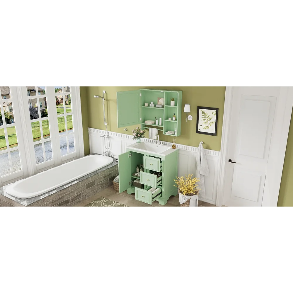Modern Elegant Bathroom 30 Inch Vanity With Sink, Storage Cabinets, Drawers, and Adjustable Shelves