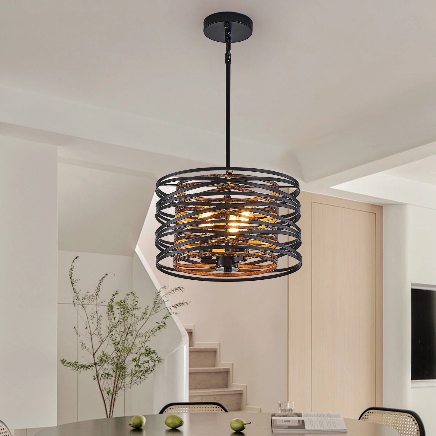 Black and Walnut Metal Cage Chandelier