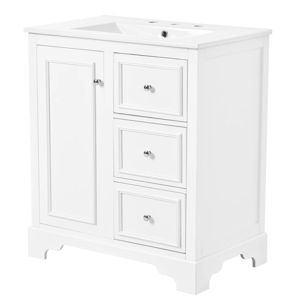 Modern Elegant Bathroom 30 Inch Vanity With Sink, Storage Cabinets, Drawers, and Adjustable Shelves