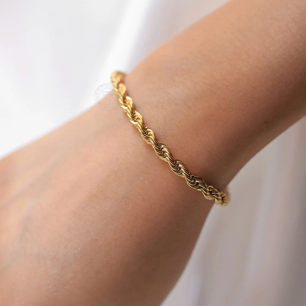 2/3/4/5mm Stainless Steel Twisted Rope Chain Bracelets, adjustable 18cm+5cm