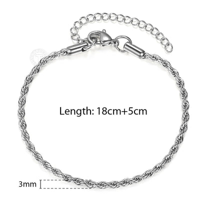 2/3/4/5mm Stainless Steel Twisted Rope Chain Bracelets, adjustable 18cm+5cm