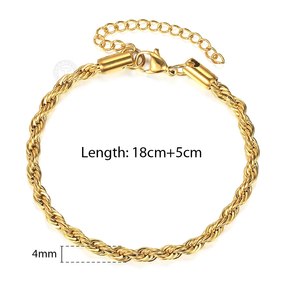 2/3/4/5mm Stainless Steel Twisted Rope Chain Bracelets, adjustable 18cm+5cm