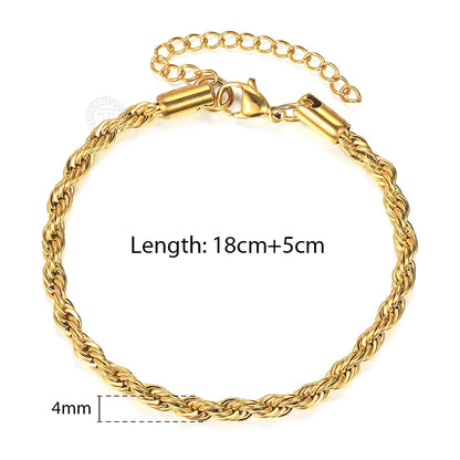 2/3/4/5mm Stainless Steel Twisted Rope Chain Bracelets, adjustable 18cm+5cm