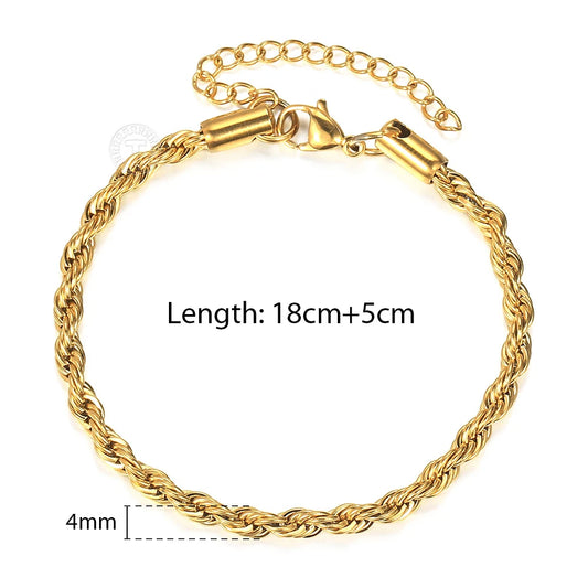 2/3/4/5mm Stainless Steel Twisted Rope Chain Bracelets, adjustable 18cm+5cm