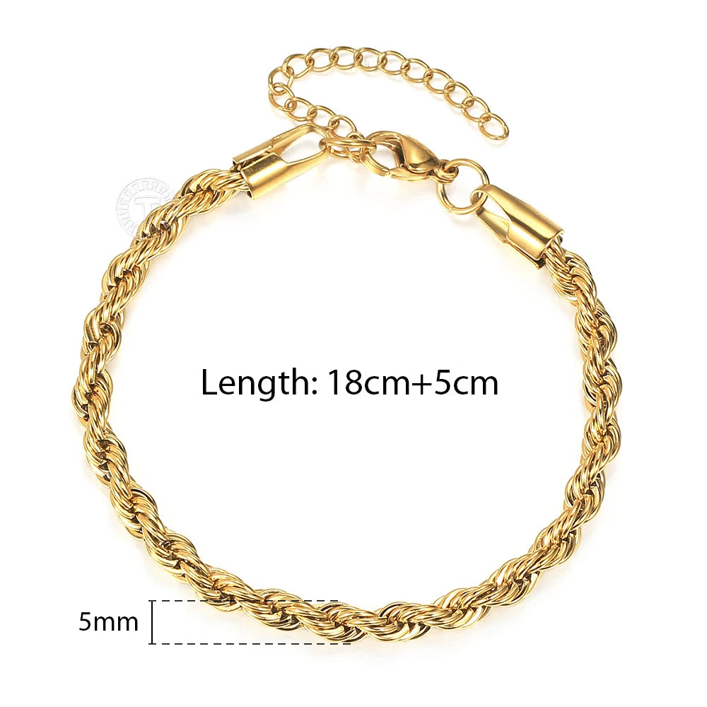 2/3/4/5mm Stainless Steel Twisted Rope Chain Bracelets, adjustable 18cm+5cm