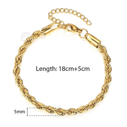 2/3/4/5mm Stainless Steel Twisted Rope Chain Bracelets, adjustable 18cm+5cm