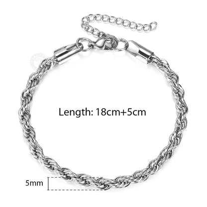 2/3/4/5mm Stainless Steel Twisted Rope Chain Bracelets, adjustable 18cm+5cm