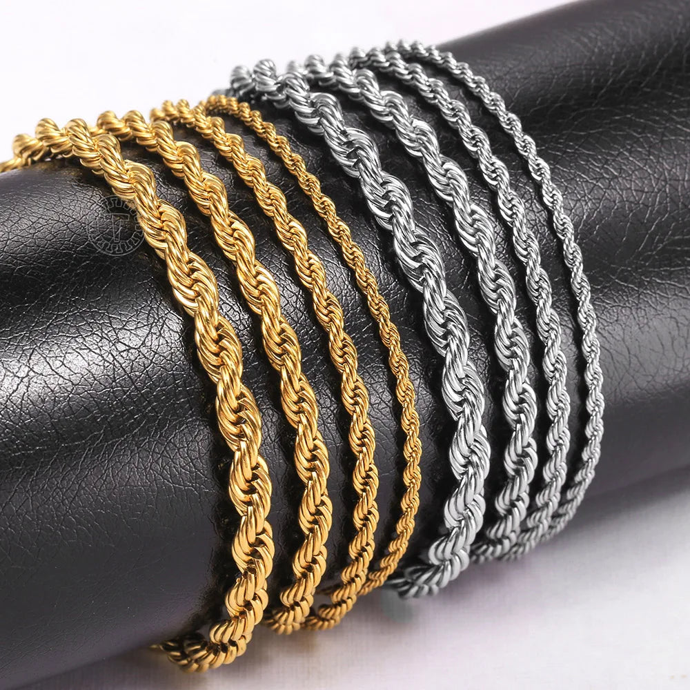 2/3/4/5mm Stainless Steel Twisted Rope Chain Bracelets, adjustable 18cm+5cm