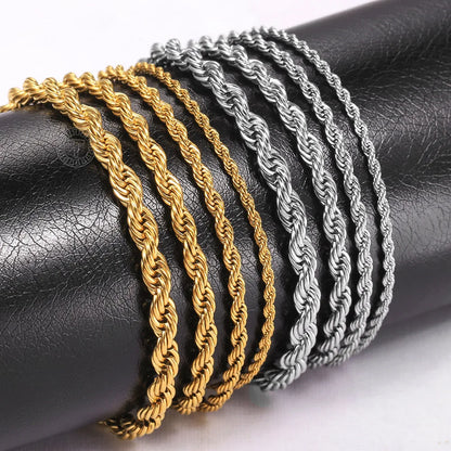 2/3/4/5mm Stainless Steel Twisted Rope Chain Bracelets, adjustable 18cm+5cm