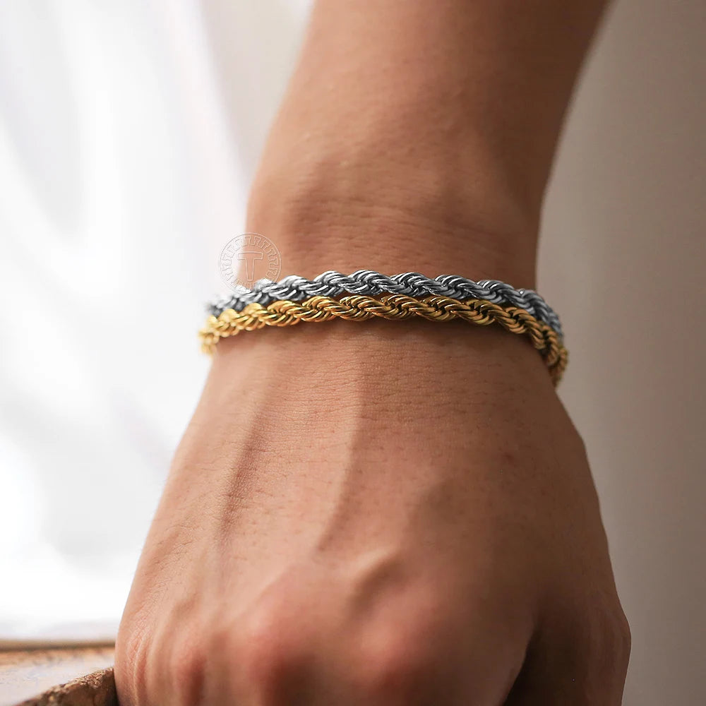 2/3/4/5mm Stainless Steel Twisted Rope Chain Bracelets, adjustable 18cm+5cm
