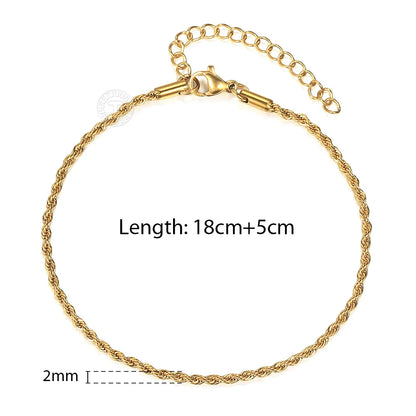 2/3/4/5mm Stainless Steel Twisted Rope Chain Bracelets, adjustable 18cm+5cm