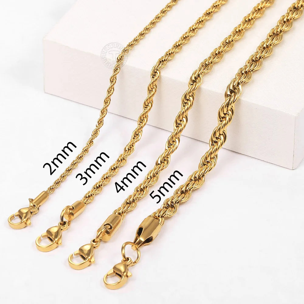 2/3/4/5mm Stainless Steel Twisted Rope Chain Bracelets, adjustable 18cm+5cm