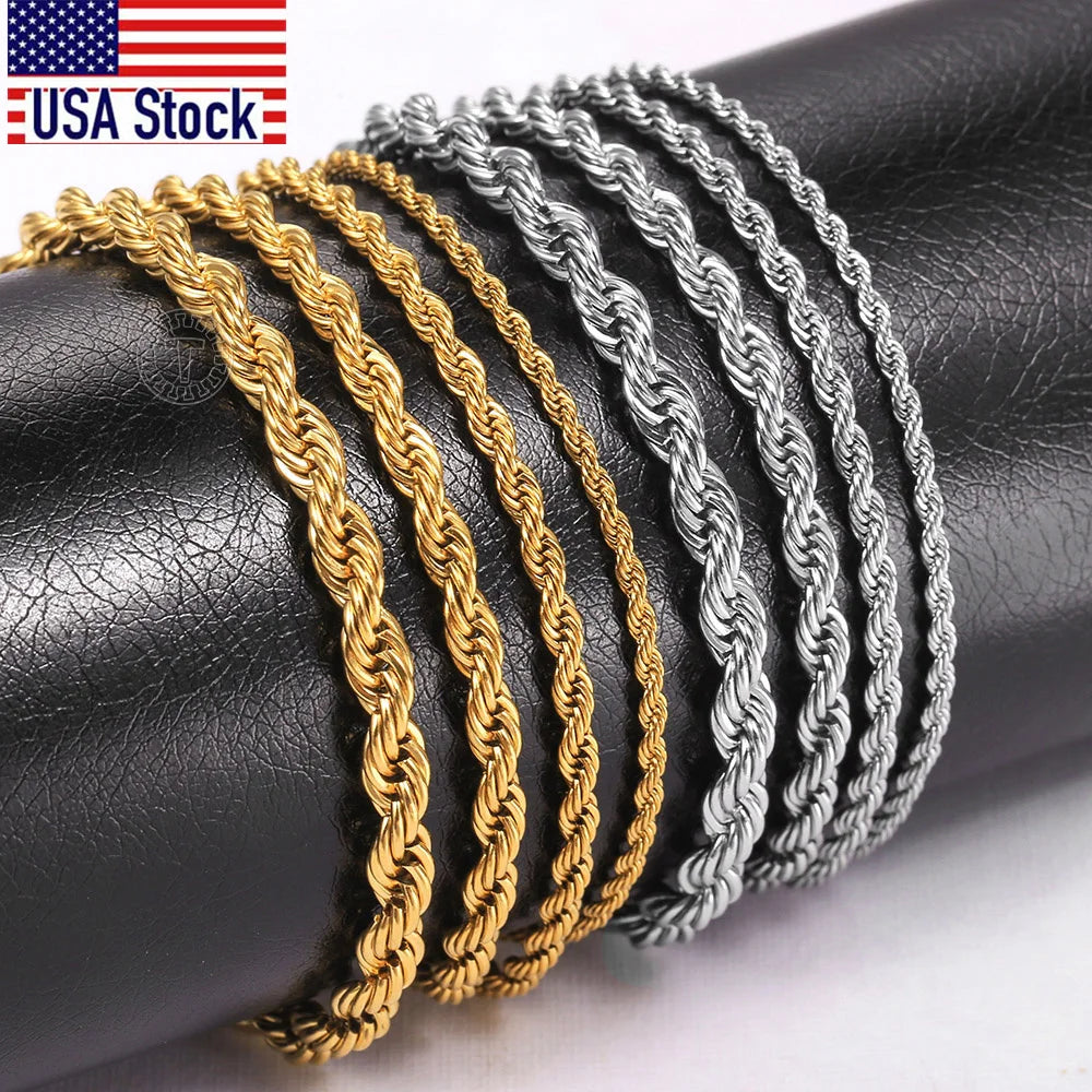 2/3/4/5mm Stainless Steel Twisted Rope Chain Bracelets, adjustable 18cm+5cm
