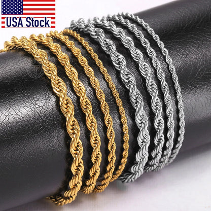 2/3/4/5mm Stainless Steel Twisted Rope Chain Bracelets, adjustable 18cm+5cm