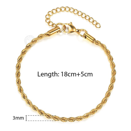 2/3/4/5mm Stainless Steel Twisted Rope Chain Bracelets, adjustable 18cm+5cm