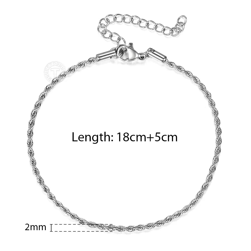 2/3/4/5mm Stainless Steel Twisted Rope Chain Bracelets, adjustable 18cm+5cm