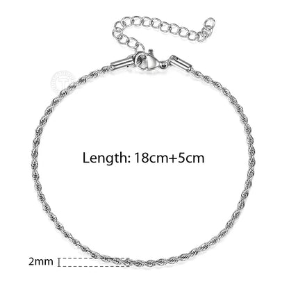 2/3/4/5mm Stainless Steel Twisted Rope Chain Bracelets, adjustable 18cm+5cm