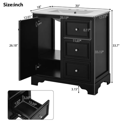 Modern Elegant Bathroom 30 Inch Vanity With Sink, Storage Cabinets, Drawers, and Adjustable Shelves