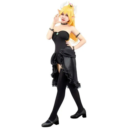 WENAM Women's Bowsette Cosplay Costume Black Dress with Accessories Halloween Party Princess Cosplay Dress with Crown and Horns