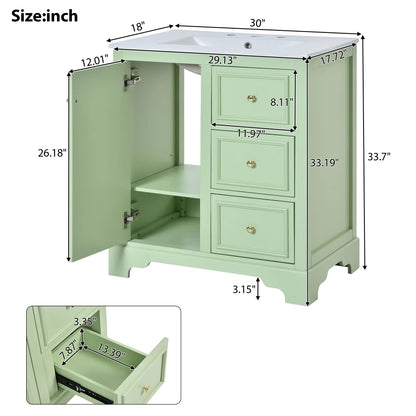 Modern Elegant Bathroom 30 Inch Vanity With Sink, Storage Cabinets, Drawers, and Adjustable Shelves