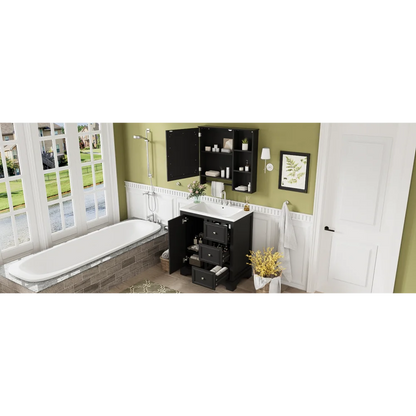 Modern Elegant Bathroom 30 Inch Vanity With Sink, Storage Cabinets, Drawers, and Adjustable Shelves