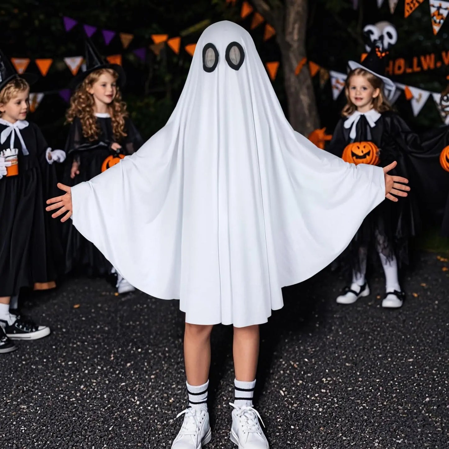 Halloween Ghost Costume for Adult- White Ghost Cloak Costume with Witch Hat- Ghost Fancy Dress Cosplay