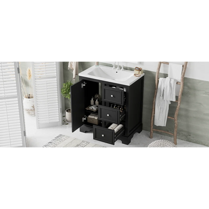 Modern Elegant Bathroom 30 Inch Vanity With Sink, Storage Cabinets, Drawers, and Adjustable Shelves