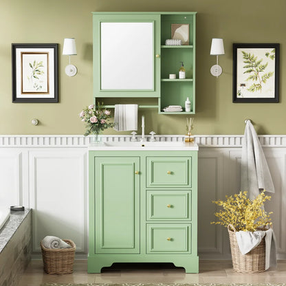 Modern Elegant Bathroom 30 Inch Vanity With Sink, Storage Cabinets, Drawers, and Adjustable Shelves